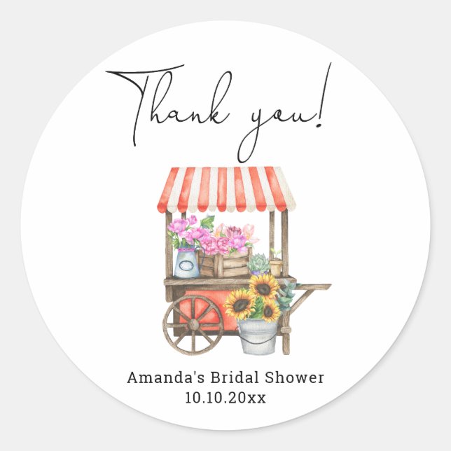 Flower Cart Bridal Shower Thank you Classic Round Sticker (Front)