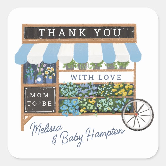 Flower Cart Farmers Market Blue Baby Shower Favour Square Sticker (Front)