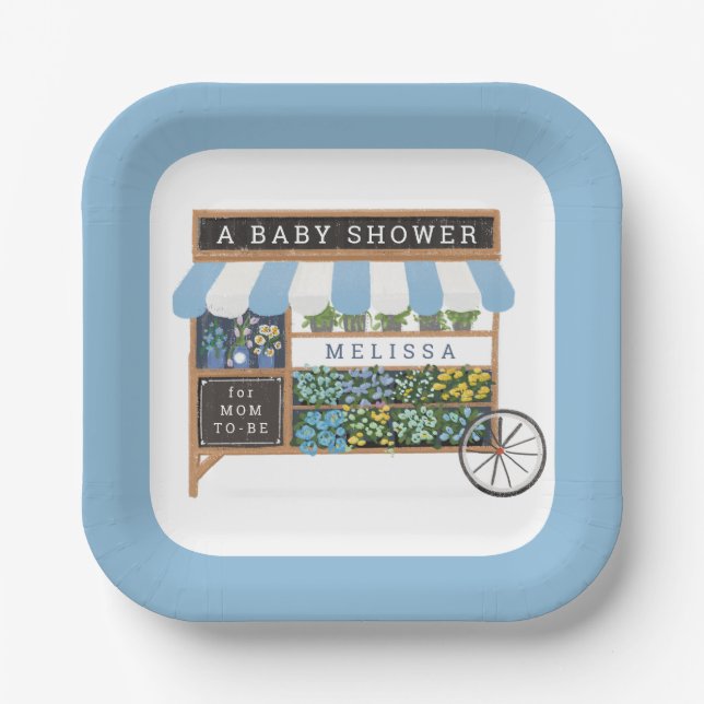 Flower Cart Farmers Market Blue Baby Shower Paper Plate (Front)