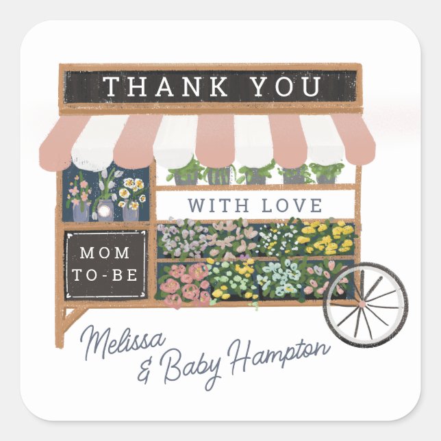 Flower Cart Farmers Market Pink Baby Shower Favour Square Sticker (Front)