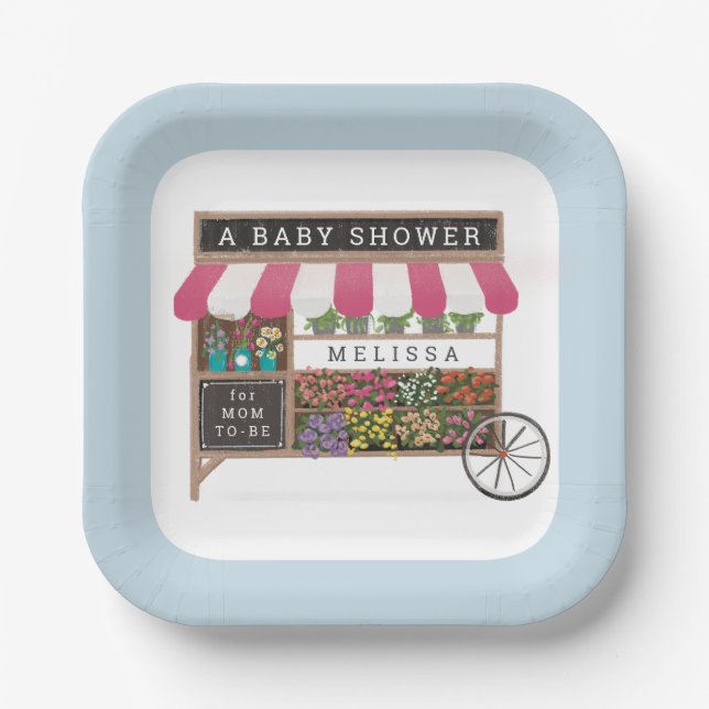 Flower Cart Farmers Market Pink Baby Shower Paper Plate (Front)