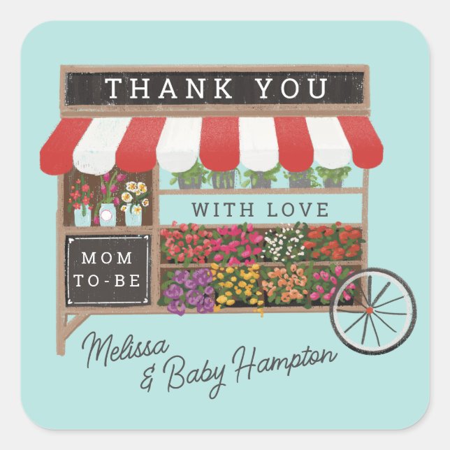 Flower Cart Farmers Market Red Baby Shower Favour Square Sticker (Front)