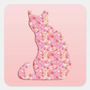 Flower Cat - coral orange and pink Square Sticker