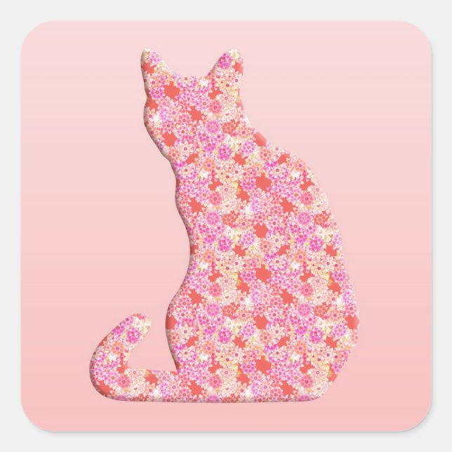 Flower Cat - coral orange and pink Square Sticker (Front)