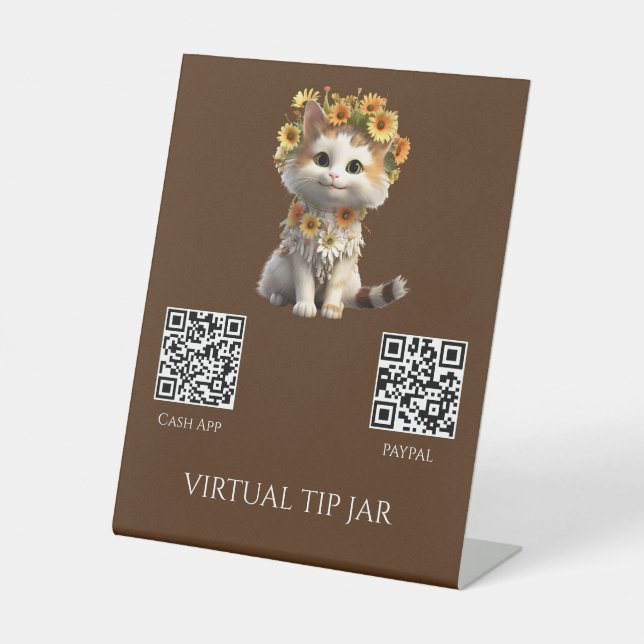 Flower Cat QR Code Virtual Tip Jar Tabletop Sign (Front)