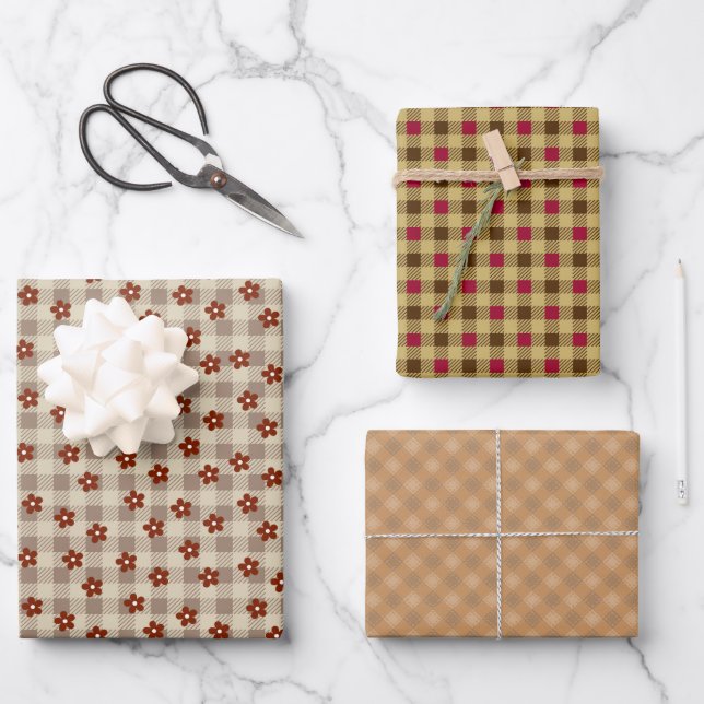 Flower & Check (Brown) + Gingham Check Wrapping Paper Sheet (Front)