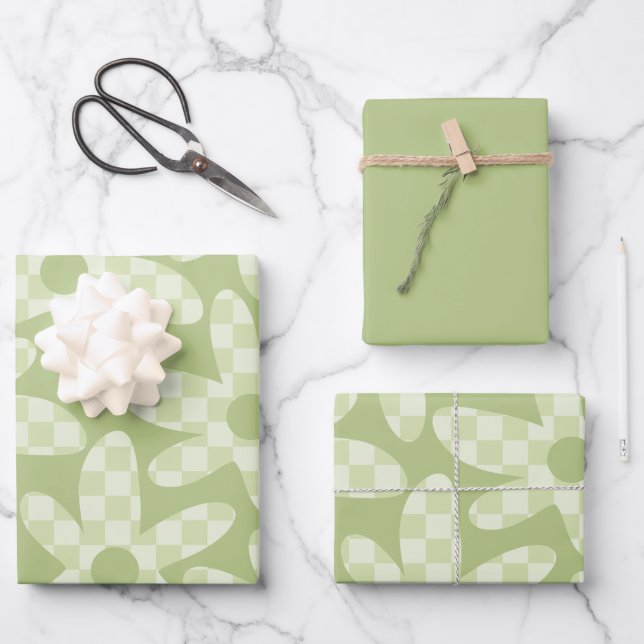 Flower Check Sage Green Retro Modern Pattern Wrapping Paper Sheet (Front)