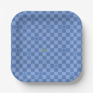 Flower Checkered Pattern No. 01 - Light Blue Paper Plate