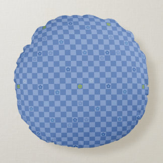 Flower Checkered Pattern No. 01 - Light Blue Round Cushion