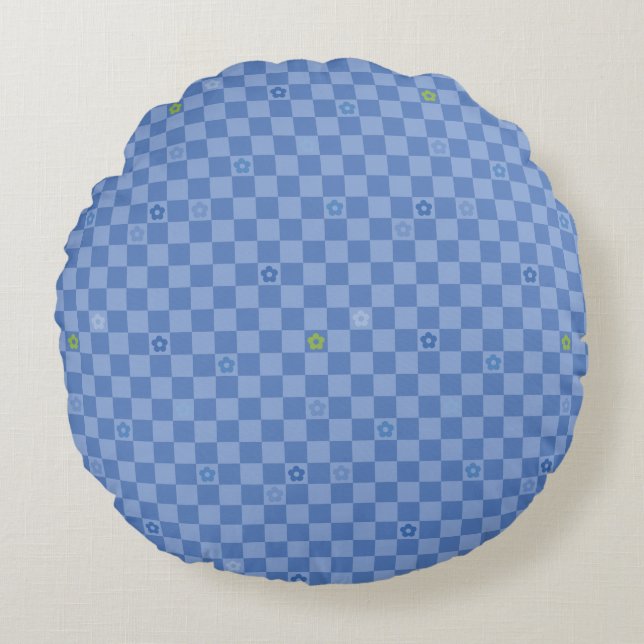 Flower Checkered Pattern No. 01 - Light Blue Round Cushion (Front)