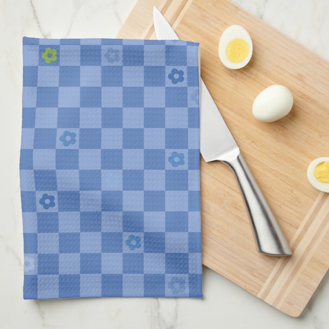 Flower Checkered Pattern No. 01 - Light Blue Tea Towel (Quarter Fold)