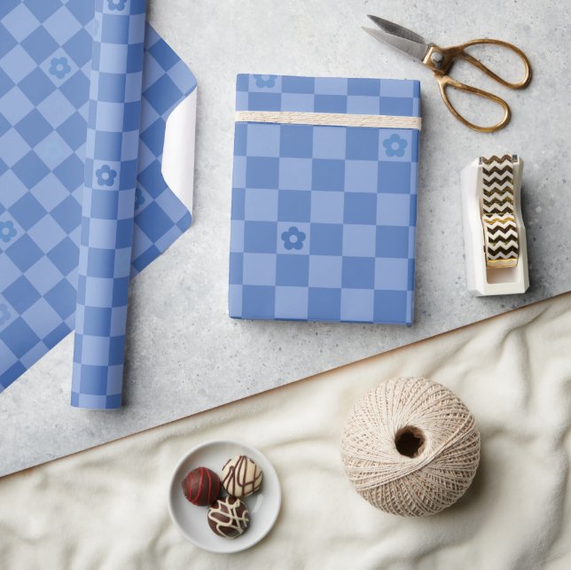 Flower Checkered Pattern No. 01 - Light Blue Wrapping Paper (Crafts)