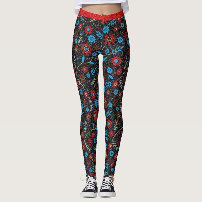 Flower Chic Pattern Red Gold Blue Black Glitter Leggings (Front)