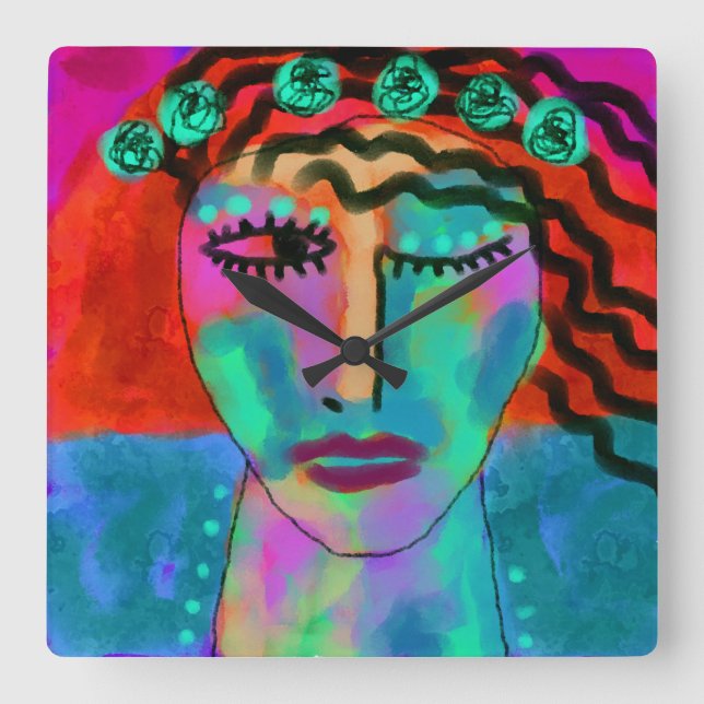 Flower Child Original Abstract Art Square Wall Clock (Front)