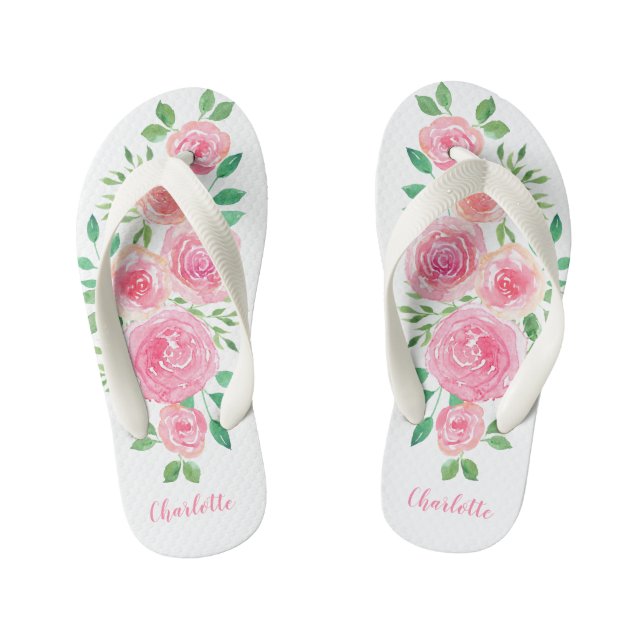 Flower Child Pink Roses Girl's Name Girl's Kid's Jandals (Footbed)