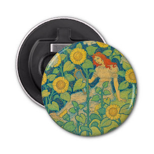 Flower Child Woman in Sunflower Garden Bottle Opener