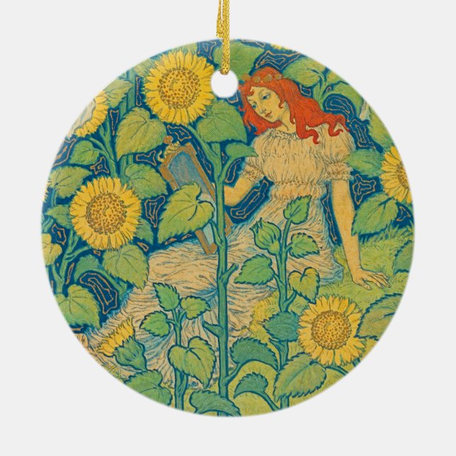 Flower Child Woman in Sunflower Garden Ceramic Tree Decoration (Back)