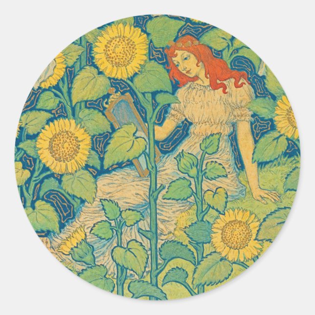 Flower Child Woman in Sunflower Garden Classic Round Sticker (Front)