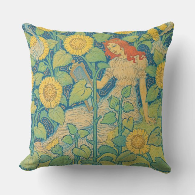 Flower Child Woman in Sunflower Garden Cushion (Front)