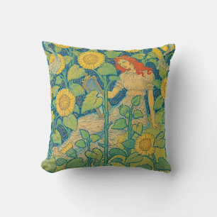Flower Child Woman in Sunflower Garden Cushion