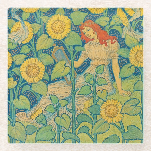 Flower Child Woman in Sunflower Garden Glass Coaster (Front)