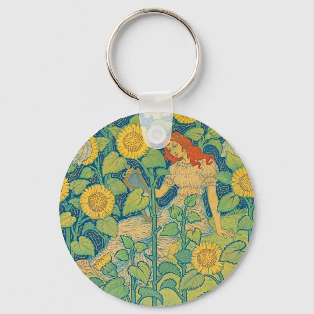 Flower Child Woman in Sunflower Garden Key Ring (Front)