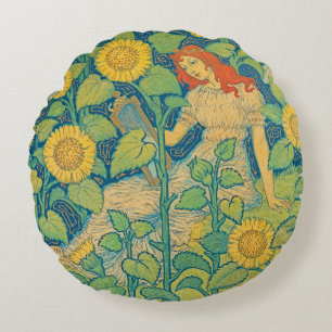 Flower Child Woman in Sunflower Garden Round Cushion