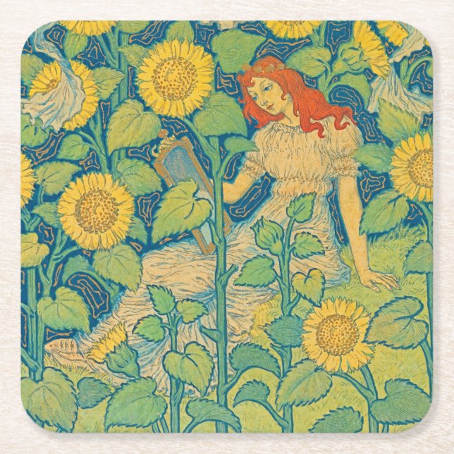 Flower Child Woman in Sunflower Garden Square Paper Coaster (Front)