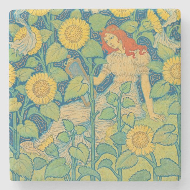 Flower Child Woman in Sunflower Garden Stone Coaster (Front)