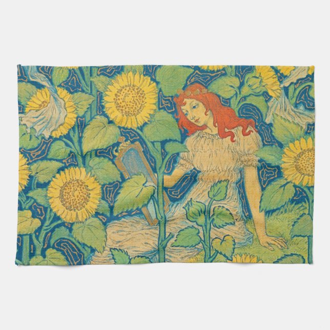 Flower Child Woman in Sunflower Garden Tea Towel (Horizontal)