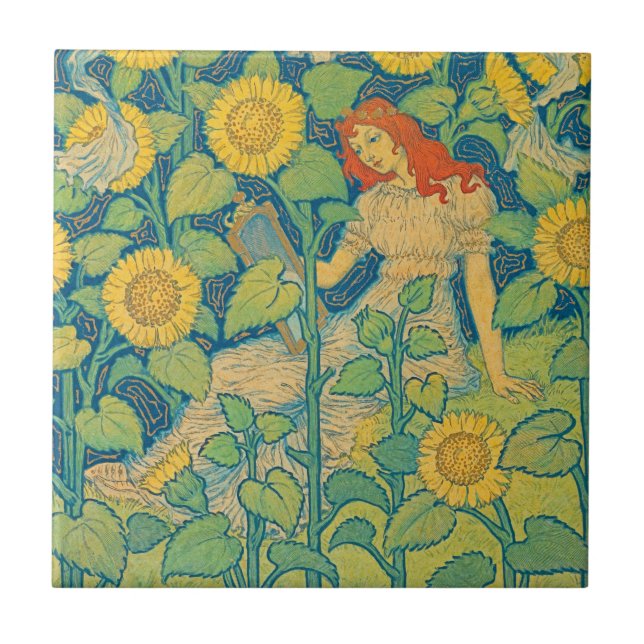 Flower Child Woman in Sunflower Garden Tile (Front)