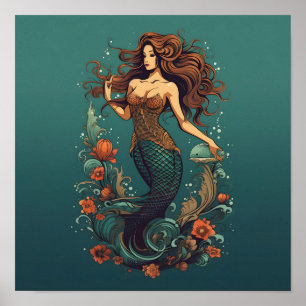 Flower Circled Mermaid Poster