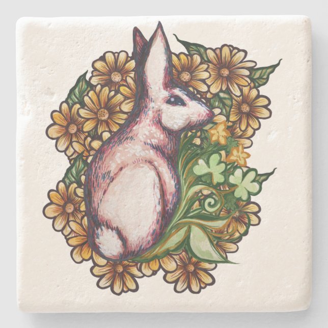 Flower Clover Rabbit Cute Rabbits bunny art        Stone Coaster (Front)