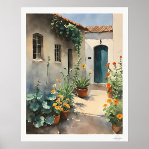 Flower Courtyard Canvas, Teal Door Garden Poster