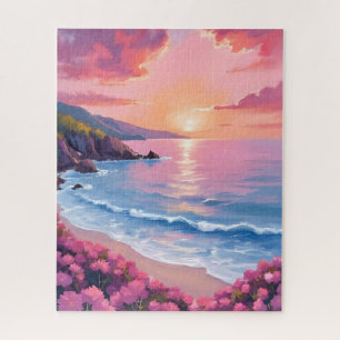 Flower Cove Pink Ocean Watercolor Floral Jigsaw Puzzle