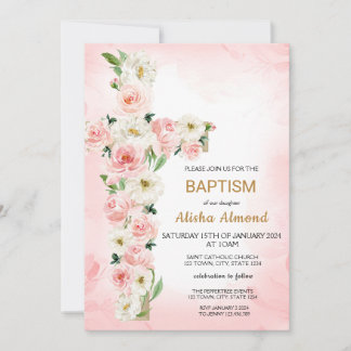 Flower Cross Baptism Invitation, Floral Christian Invitation