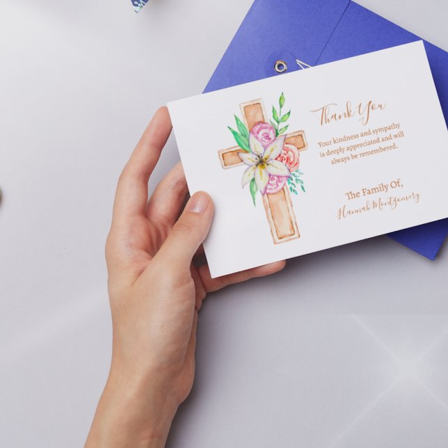 Flower Cross Photo Sympathy Funeral Card (Creator Uploaded)