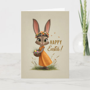 Flower-Crown Bunny in Orange Dress Easter Card