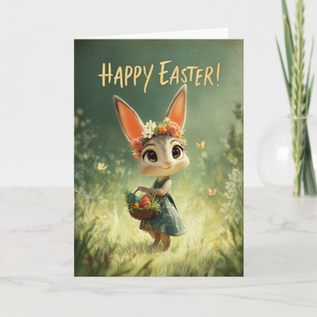 Flower-Crown Bunny with Easter Basket Meadow Card (Front)