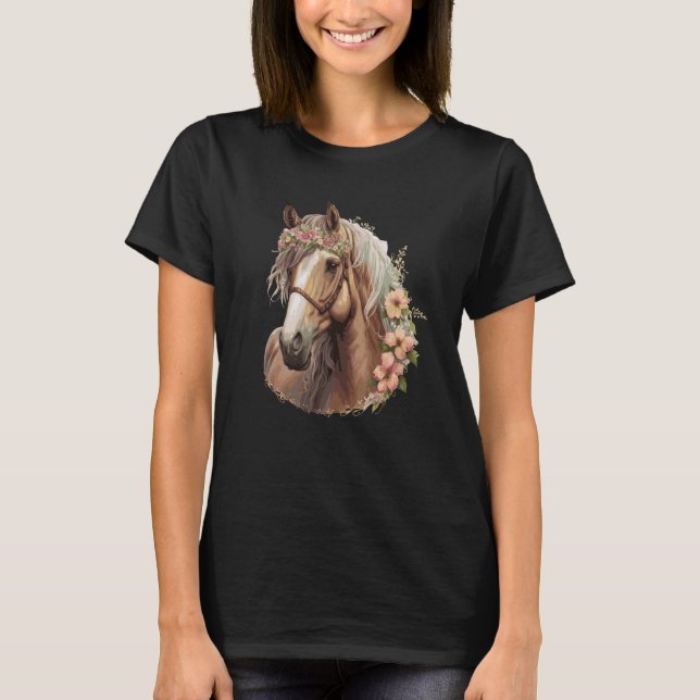 Flower Crown Horse Floral Farm Animal Pet Horse Ri T-Shirt (Front)