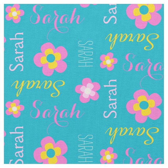 Flower custom name aqua pink typographic fabric (Close Up)