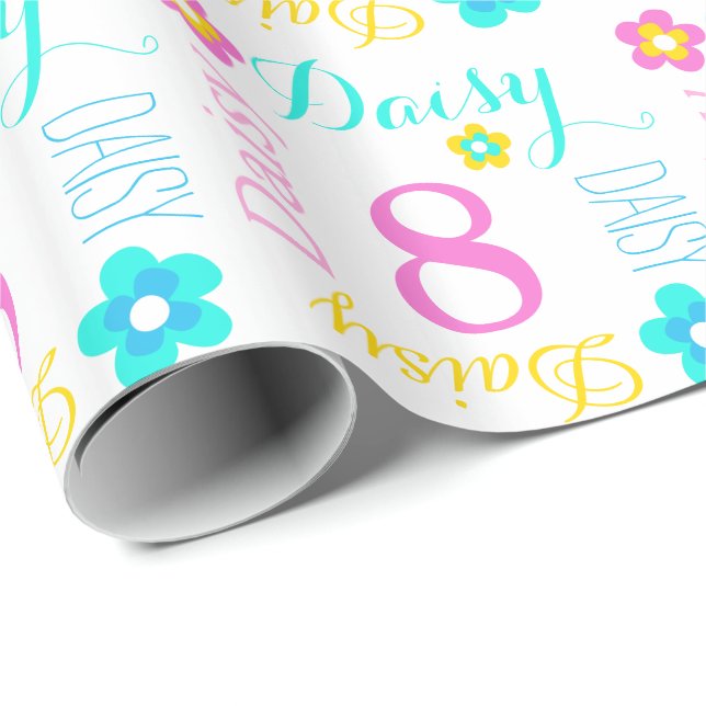Flower custom name Daisy age 8 birthday wrap Wrapping Paper (Roll Corner)