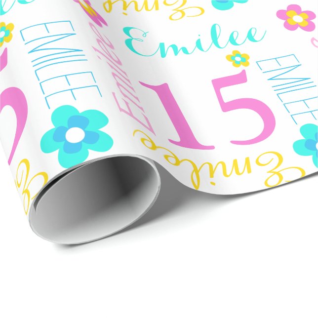 Flower custom name Emilee age 15 birthday wrap Wrapping Paper (Roll Corner)