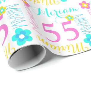 Flower custom name Miriam age 55 birthday wrap Wrapping Paper