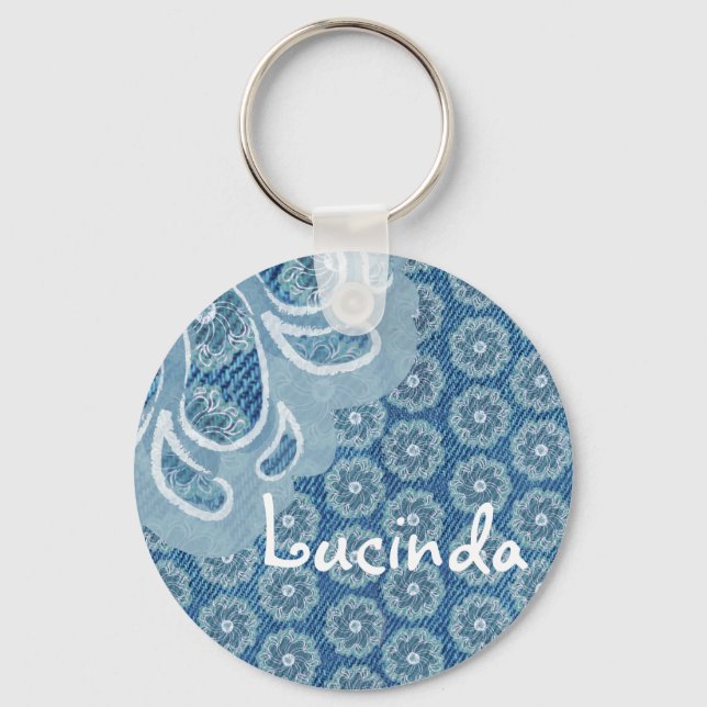Flower & denim faded aqua name keychain (Front)