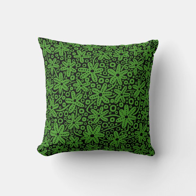 Flower Design - Avocado Green on Black Cushion (Front)