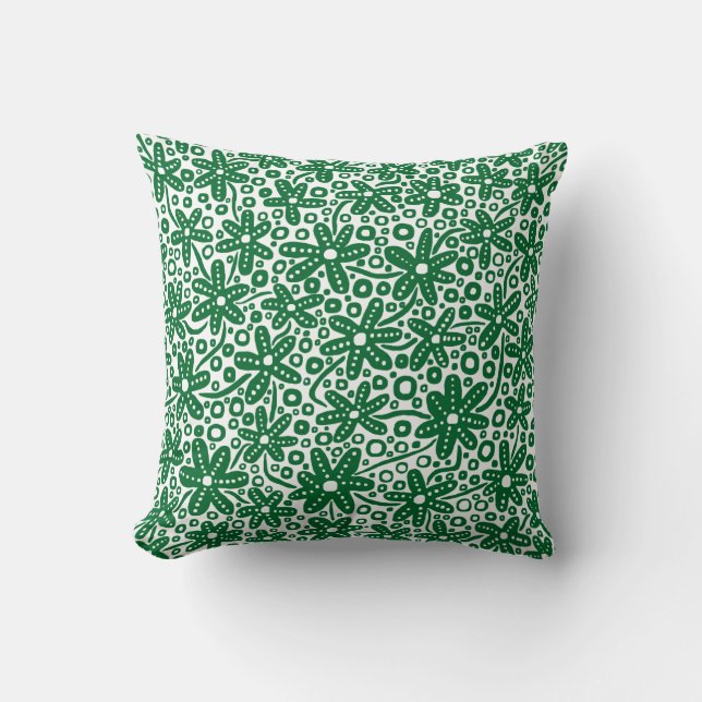 Flower Design - Forest Green on White Cushion (Front)