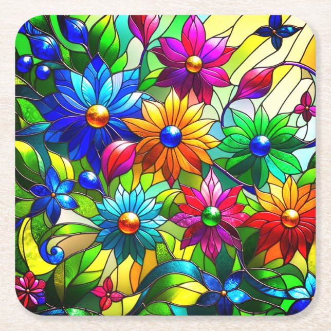 Flower Design Square Paper Coaster (Front)