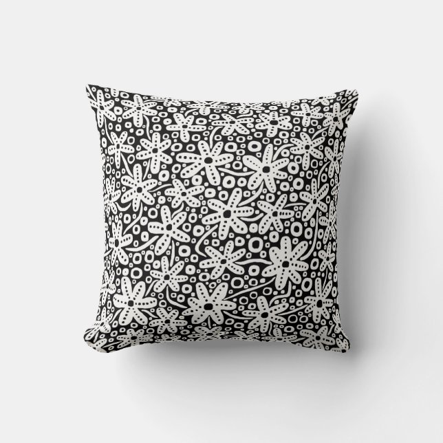 Flower Design - White on Black Cushion (Front)