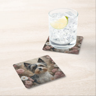 Flower Dog Breed Portraits 13 Square Paper Coaster